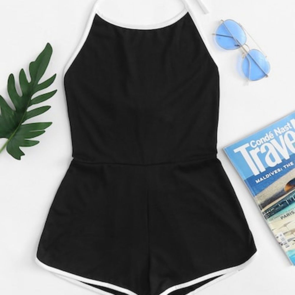 Black Open back Halter Romper Jumper with White Contrast Trim XS